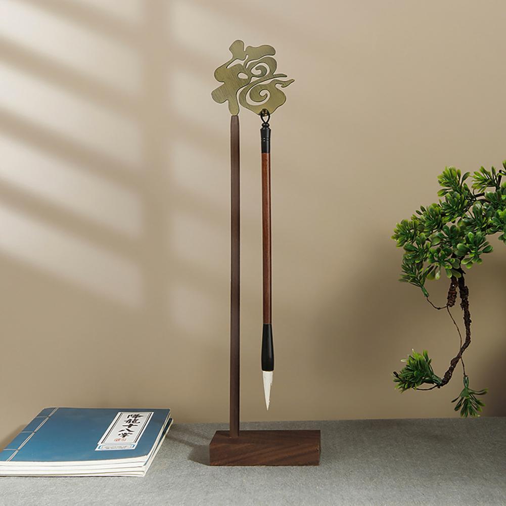 Brush Storage Rack Calligraphy Pen Holder with Chinese Fu Elegant Wooden Brush Hanger for Desktop Metal Writing Brush for Office