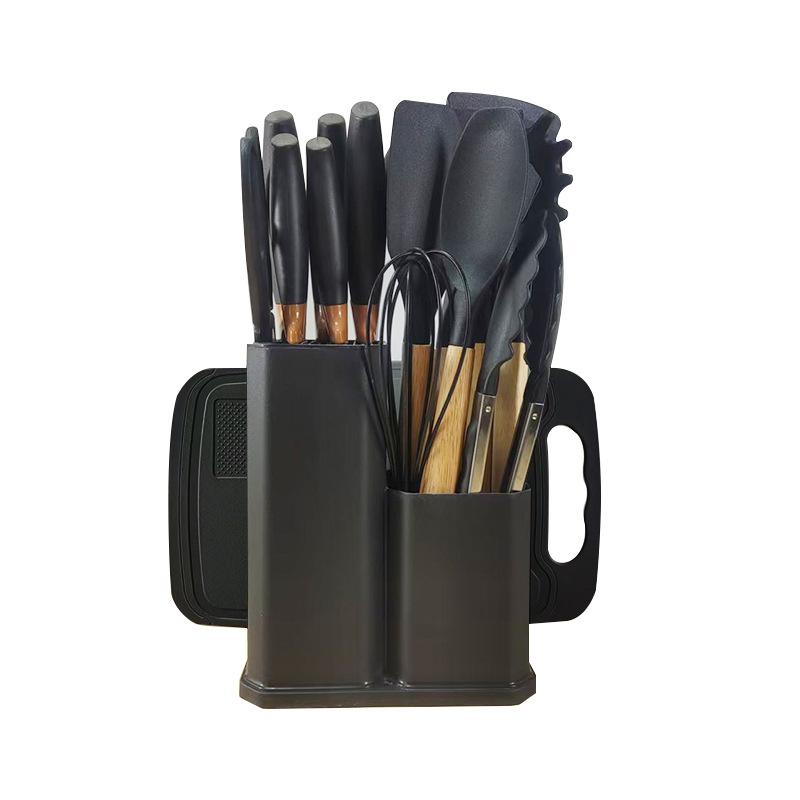 Silicone Kitchenware Set Knife Set Cooking Spoon Shovel Knife Storage Bucket Wooden Handle Kitchenware Set Kitchen Tools (as the picture,1500g black)