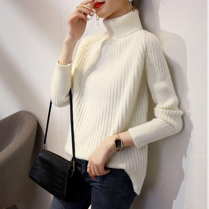 

Женский свитер с высоким воротником, свободная верхняя одежда на осень и зиму, однотонный универсальный теплый вязаный свитер, пуловер, женские топы One Size бежевый