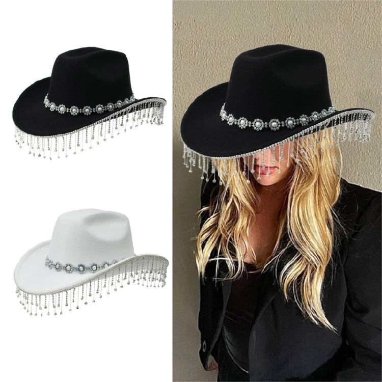 Hand Beading Diamond Tassels Hat Cowboy Hats for Carnivals Music Festival