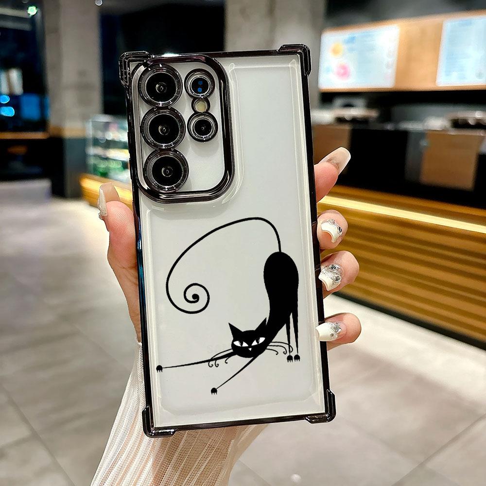 Cartoon Cute Little Black Cat Coque For Galaxy S26 Ultra Phone Case For Samsung S26 S25 S24 S23 S21 Ultra S20 FE S25 Plus Cover