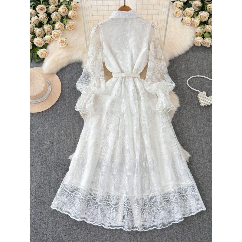 Waist Trimming below the Knees Long Sleeves Elegant Graceful Lace First Love Skirt