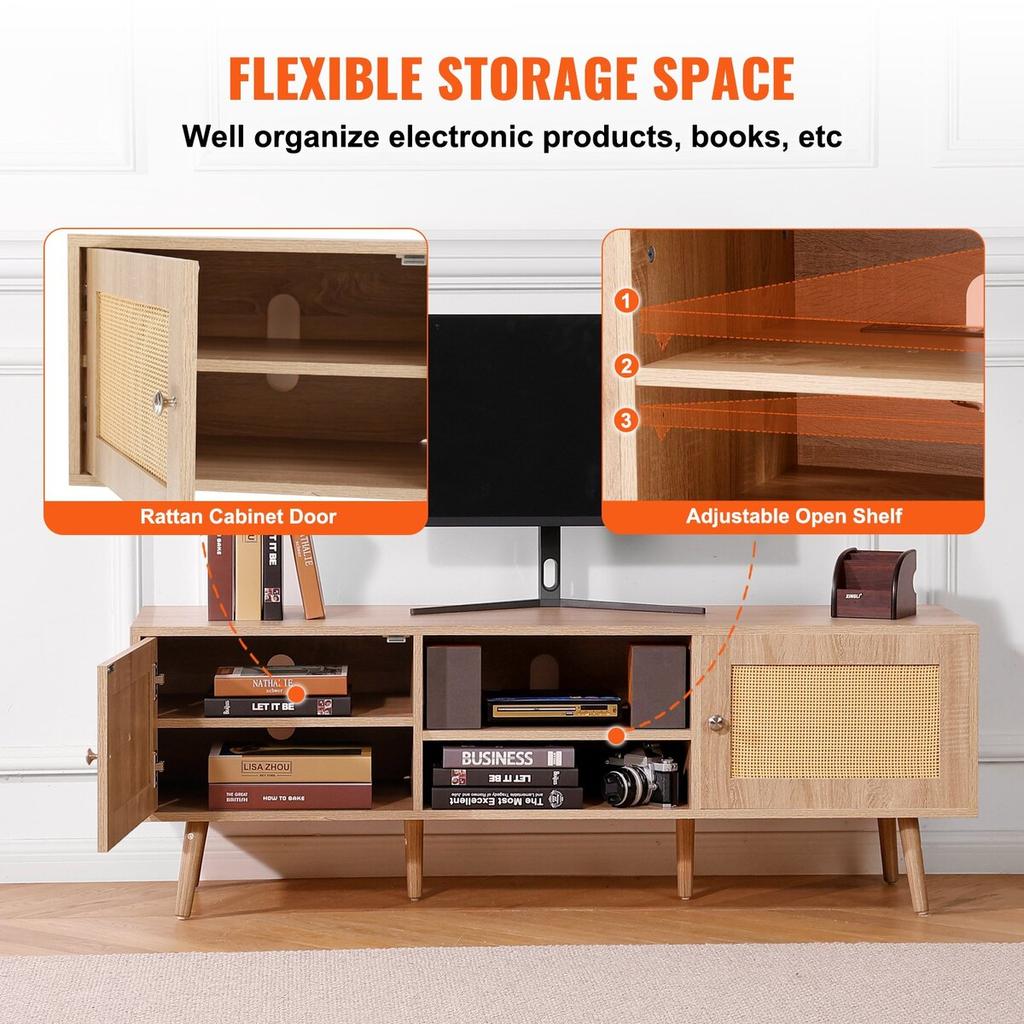 Rattan TV Stand for 65" TV Boho TV Stand with Build-in Socket Oak
