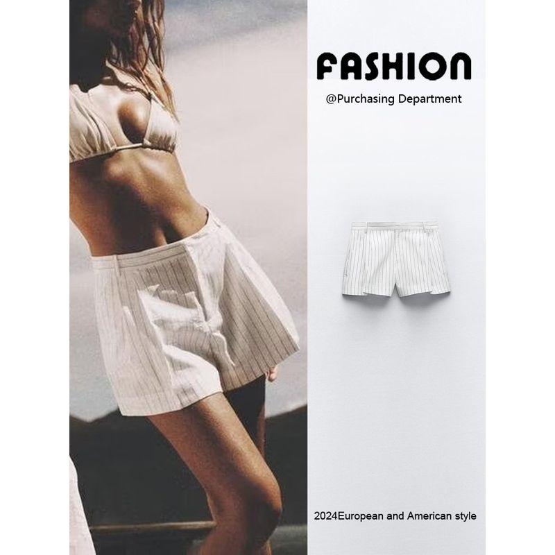 Za2024 Spring-Summer New Type Women's Zipper Loose Easiest for Match High Waist Stripes Mini Shorts 6929405 0