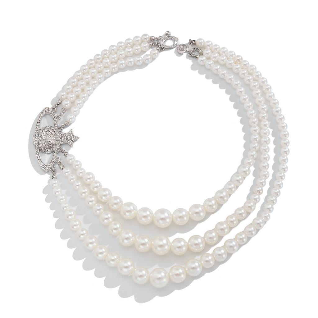 Collier Planète à Paillettes Multi-Couches Imitation Perle, Bijou Rétro en Forme d'Étoile Entièrement Pavé de Diamants pour Femme