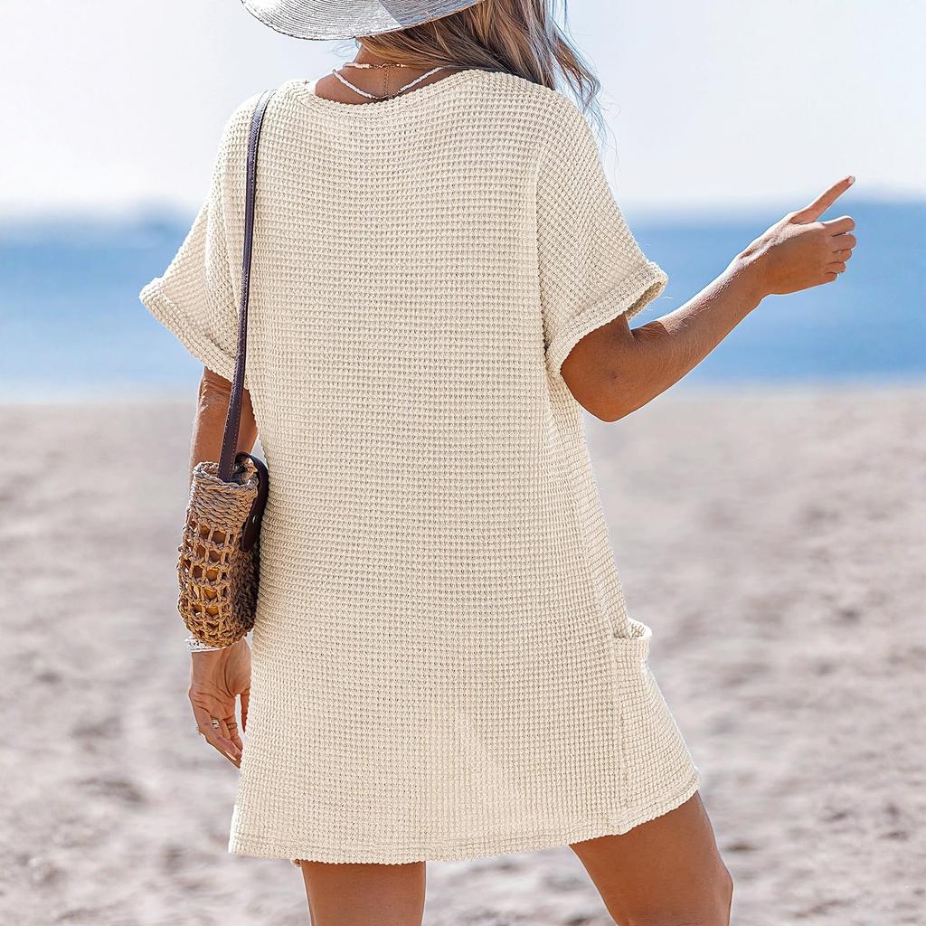 Fashionable Women's V-neck Pocket Casual Color Knitted Swimsuit Cover