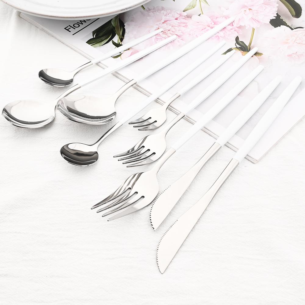6Pcs White Silver Cutlery Set Stainless Steel Dinnerware Tableware Dessert Knife Forks Long Handle Spoon Coffee Spoons Flatware
