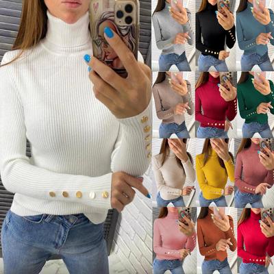 Women's Fashion Rib Knitted Sweaters Metal Button Knitted Pullover Sweater Turtleneck Sweaters