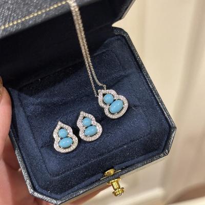 Retro Chinesische Voll-Diamant Türkis Kürbis Halskette, Ohrringe Zeigen Weißes Nischen Design, High-End Nationaler Stil Schmuckset