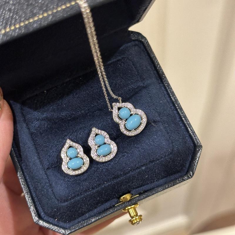 Retro Chinese Full Diamond Turquoise Gourd Necklace, Earrings Show White Niche Design, High-End National Style Jewelry Set