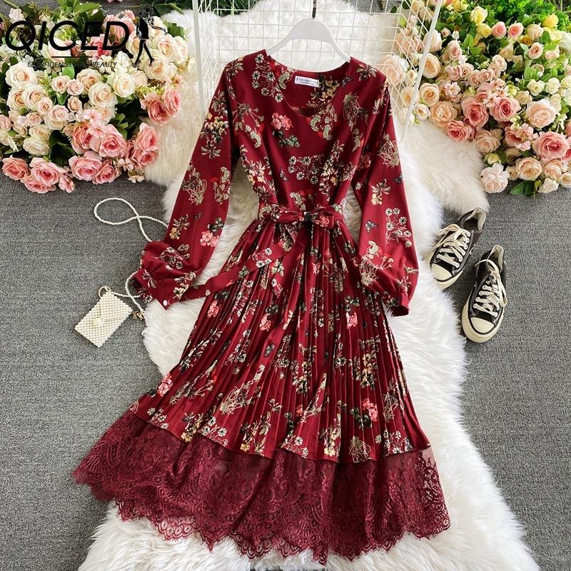 QICED 10 Color Retro Floral V-Neck Halter Waist Lace Dress Colored Fashion Long Dresses