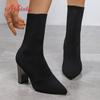 Mote Aphixta Metallfarge 7cm Firkantede Hæler Sokkestøvletter Kvinner Stor Størrelse 43 Stretchstoff Elastisk Spiss Tå Sko Ankelstøvlett Kvinne