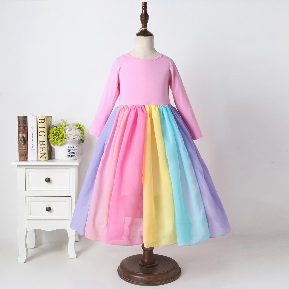 Rainbow Mesh Long Sleeve Dress for Girls - Autumn/Winter Princess Skirt