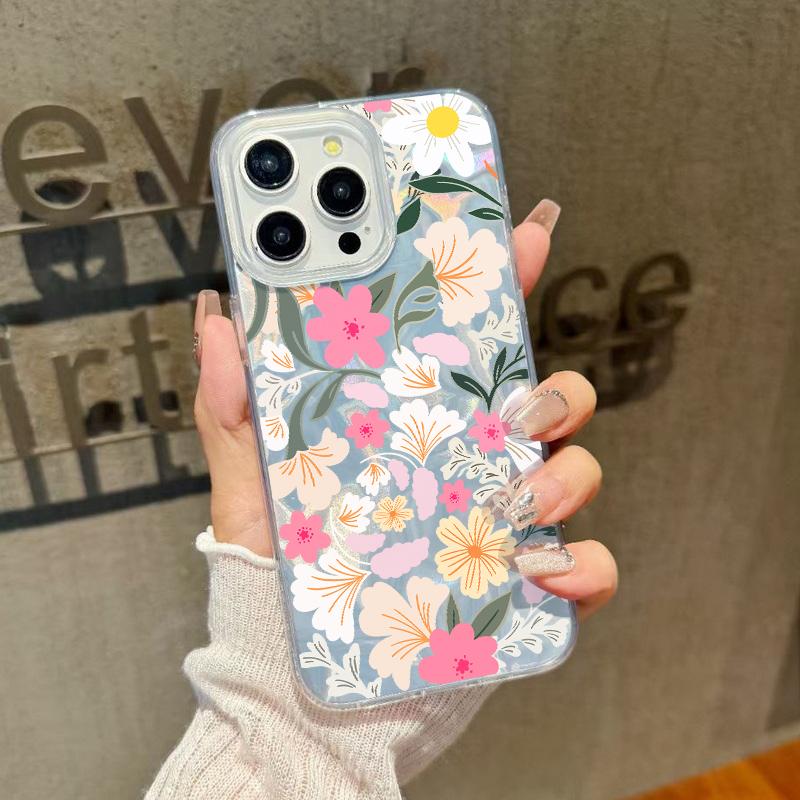 Simple Flower Pattern Luxury Glitter Case For iPhone 16 Pro Max 15 Pro 14 13 12 11 Slim Glossy Shockproof Hybrid PC TPU Clear Phone Cover