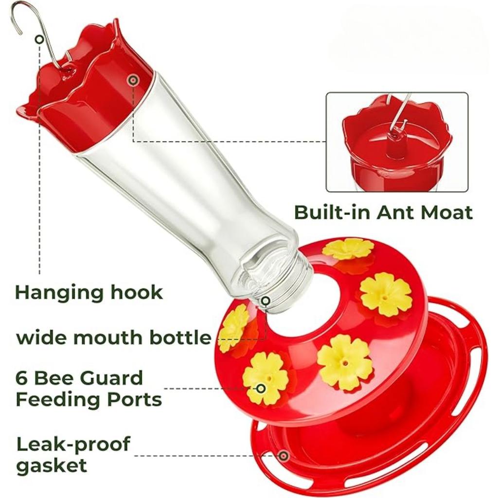 Hrănitoare de colibri din sticlă pentru exterior, agățată, cu 6 orificii de hrănire cu protecție pentru albine și șanț de furnici încorporat, hrănitoare pentru păsări sălbatice pentru grădină, curte, terasă, 13,5 oz
