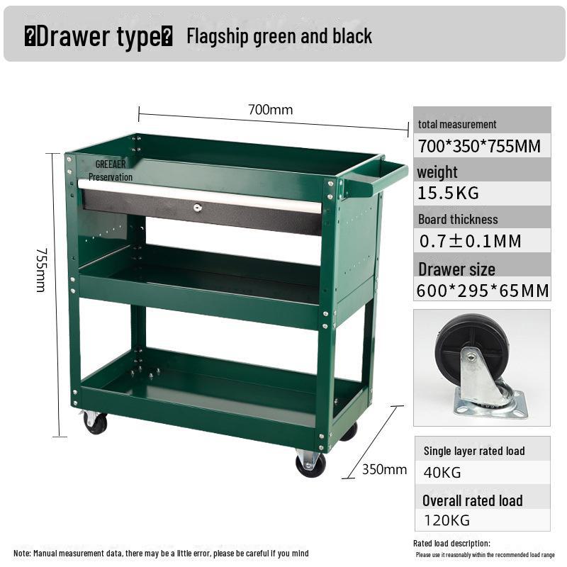 "Green Forest Utility Cart: Three-Layer Tool Trolley & Flatbed for Auto Repair & Beauty Supplies"