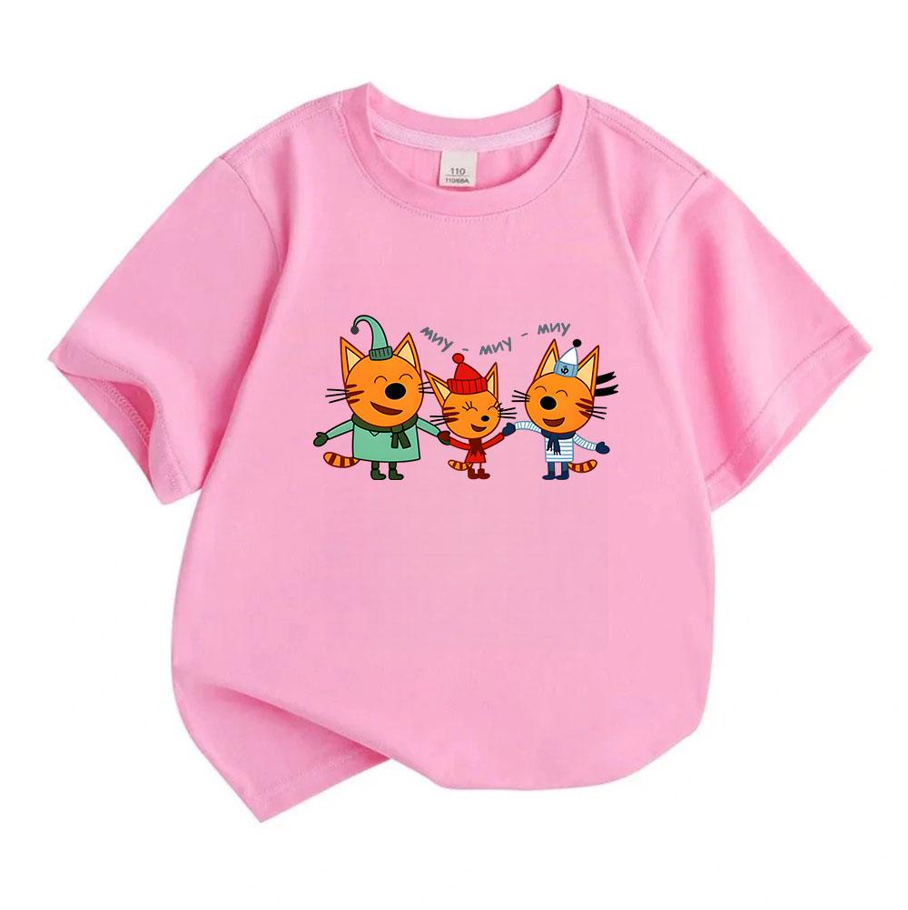 Toddler Boys Girls 100% Cotton O-neck Short Sleeve T-Shirt, Cute Orange Cartoon Cats Singing Pattern Casual Soft Breathable Tee for Kids Daily Wear Ho