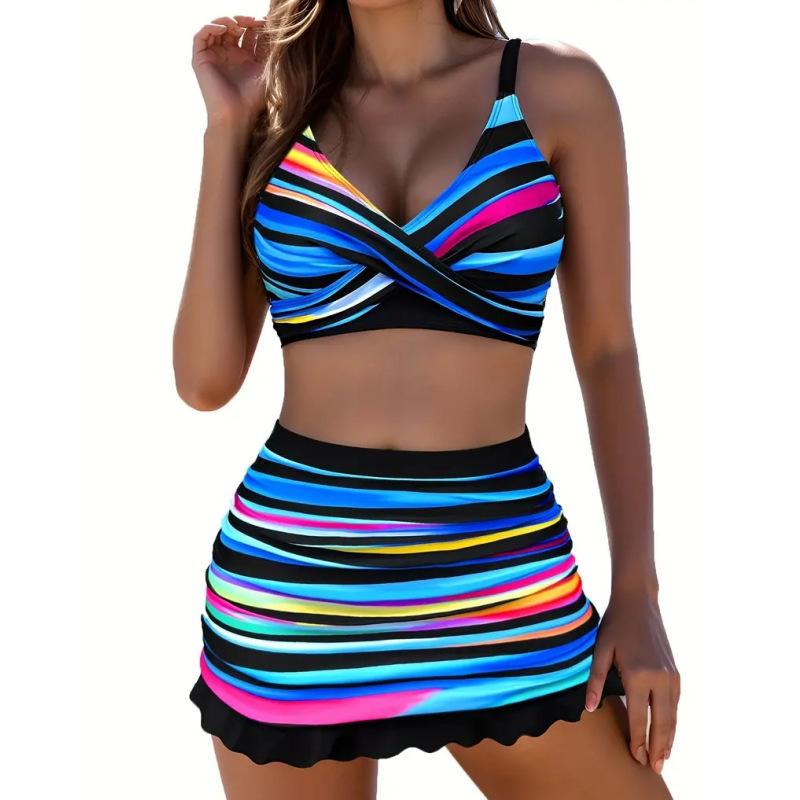 

Women s Rainbow Stripe Twist Front Bikini Set, High Waist Ruffle Skirt Two Piece Swimsuit 2XL чёрный/синий