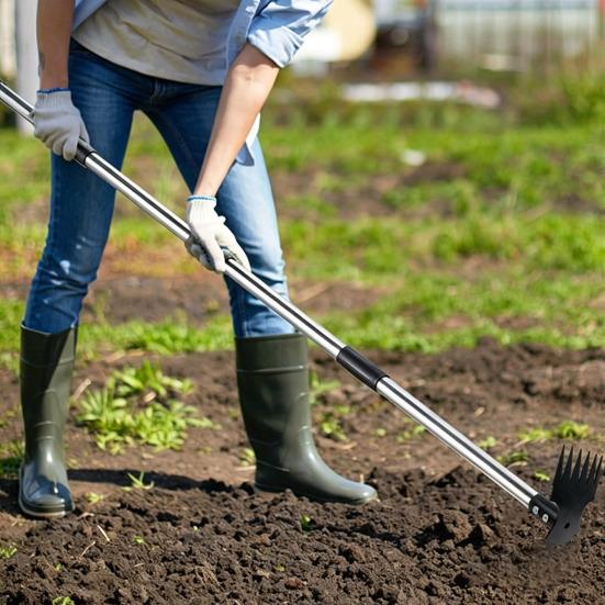 2-in-1 Unkrautrechen Langer Griff Unkrautzieher Aufstehendes Unkrautwerkzeug Robuster Handrechen Gartenhacke Manuelles Unkrautvernichtungswerkzeug für Rasen Garten Terrasse