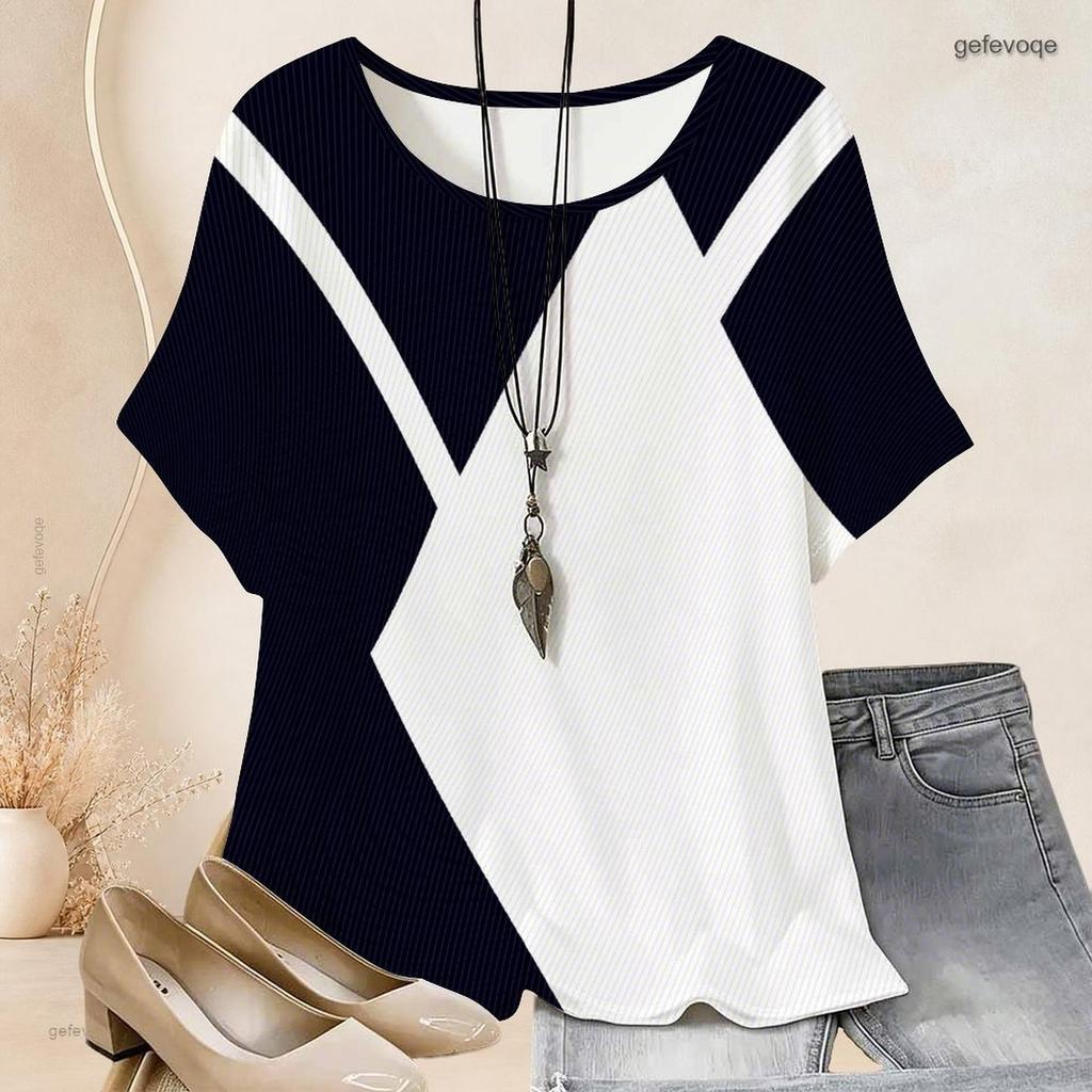 Women Plus Size Round Neck Batwing Short Sleeve Loose Gradient Printed Top
