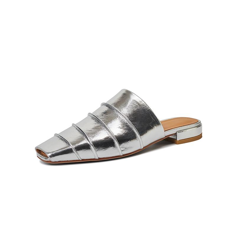 Fashion Women's Genuine Leather Square Toe Slip-on Flats Summer Slippers Soft Comfortable Casual Female Outdoor Mules 2025 New Sandals