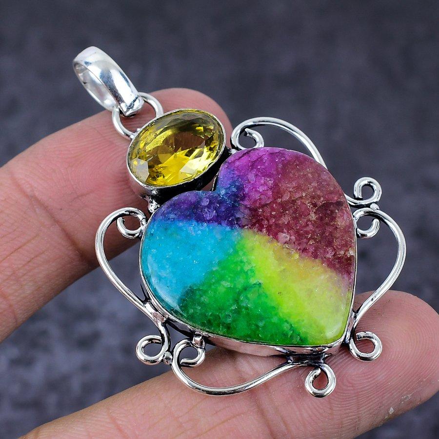 Rainbow Solar Quartz Gemstone Handmade 925 Sterling Silver Pendant 2.25" L2Z52
