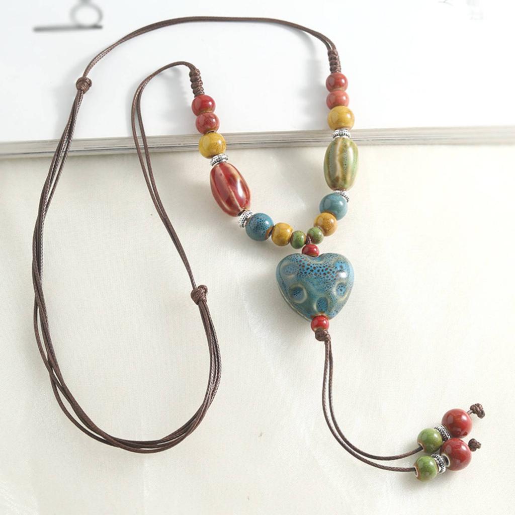 Handmade Heart-shaped Ceramic Pendant Necklace for Women Men Adjustable Necklace Ethnic Style Jewelry Gift