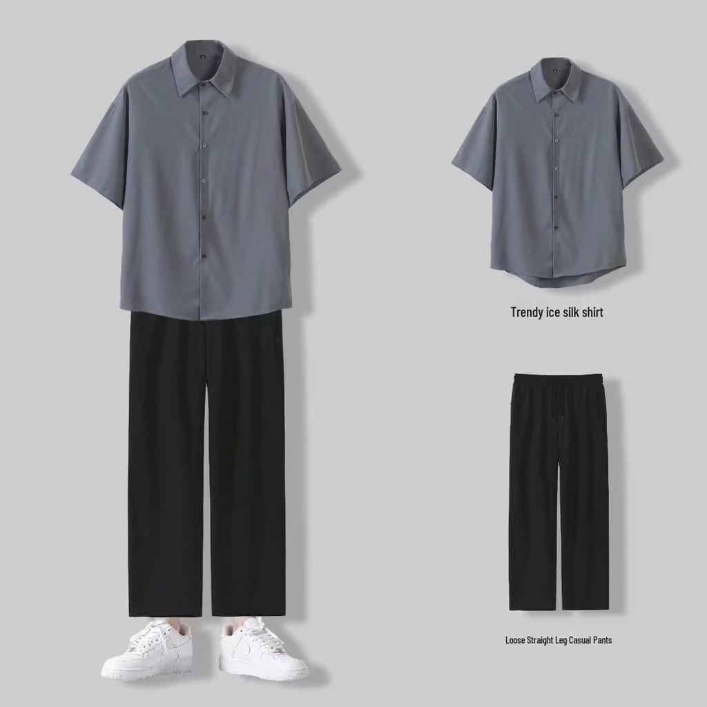 Men's Summer Punk Style Two-Piece Set: Short Sleeve Shirt and Wide-Leg Pants