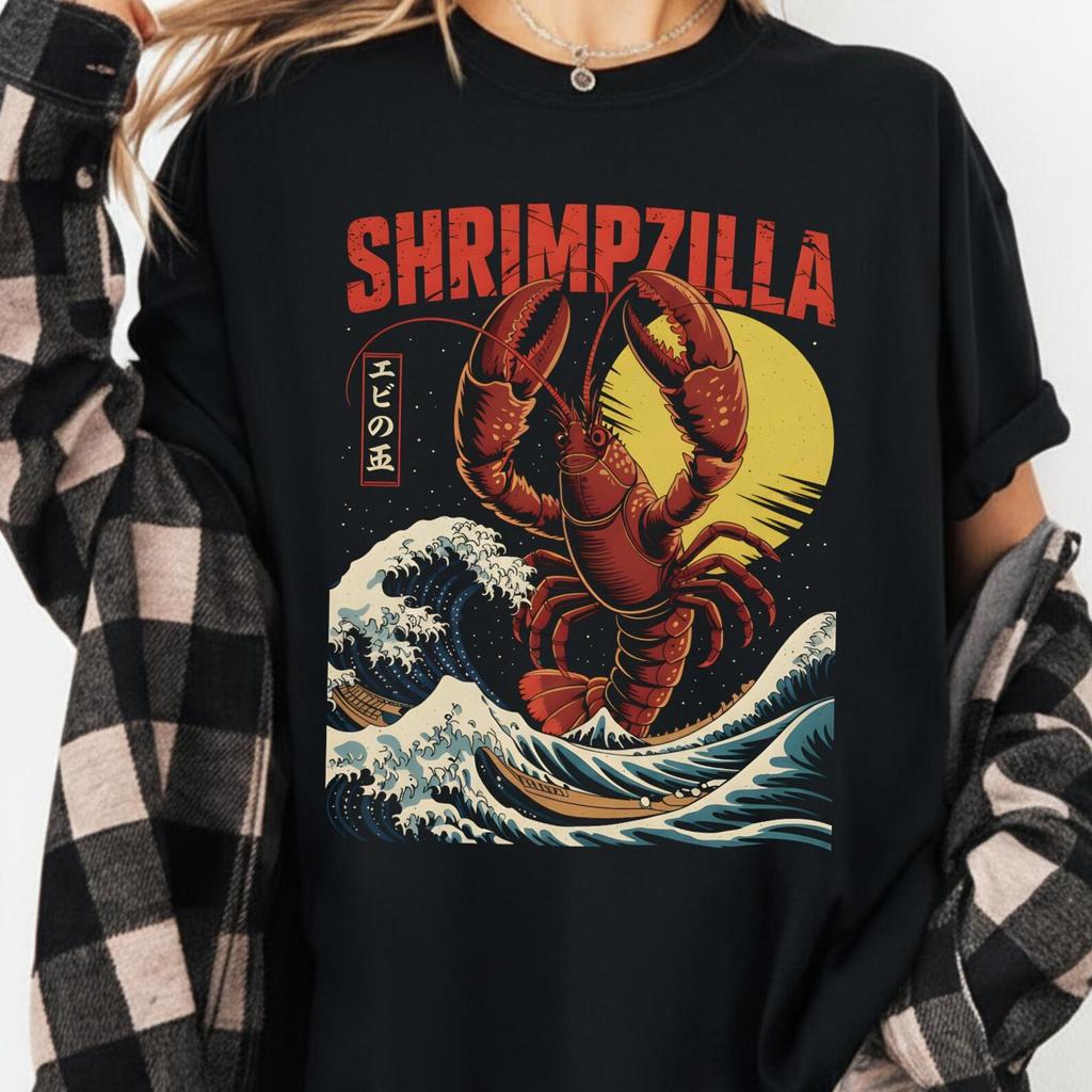 Funny Shrimpzilla Lobster Shirt | Japanese Cultural Art Shrimp Meme Tee | Cute Shrimp T-Shirt Gift, Seafood Humor Graphic for Men Women
