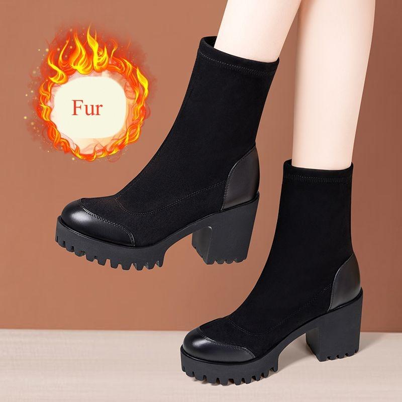 8cm 10cm Small Size 33-43 Flexible Stretch Boots Women's Platform Shoes Fall Winter 2025 Block High Heels Ankle Boots with Fur