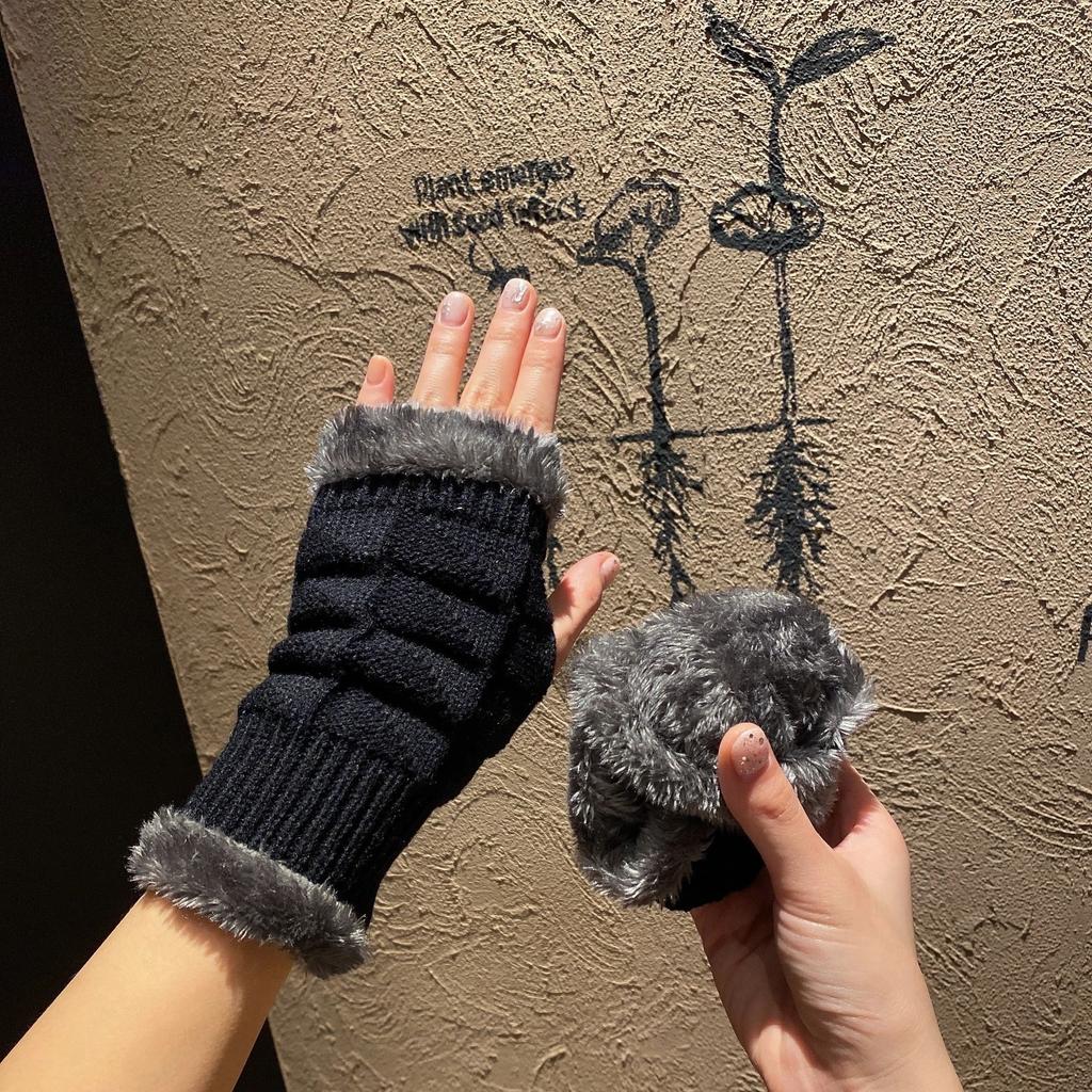 Double Side Plush Winter Warm Gloves - Exposed Finger Design