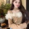 Sexy skjorter Dame Slash Neck Off Shoulder Mesh Patchwork Vintage Bluse Slank Langermet Elegant Crop Tops Chic