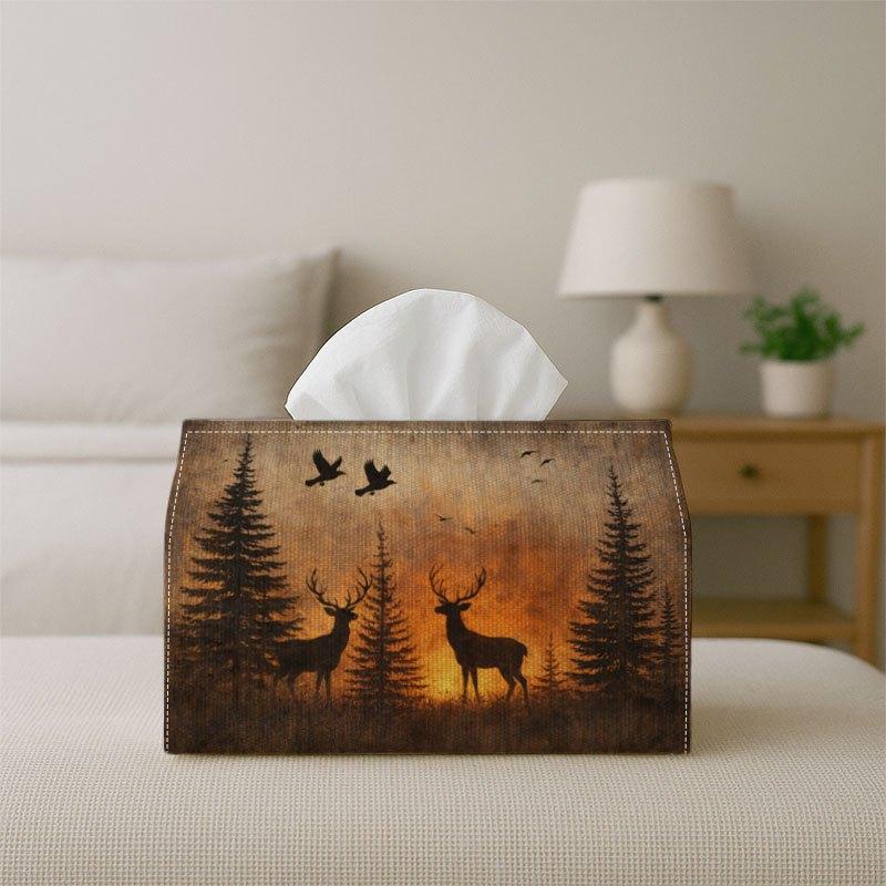 2D Flat 1pc Moody Landscape Tissue Box, Forest Deer Fabric Multi-Use Storage Organizer, Decorative Napkin Holder for Kitchen And Dining Table, Chic An