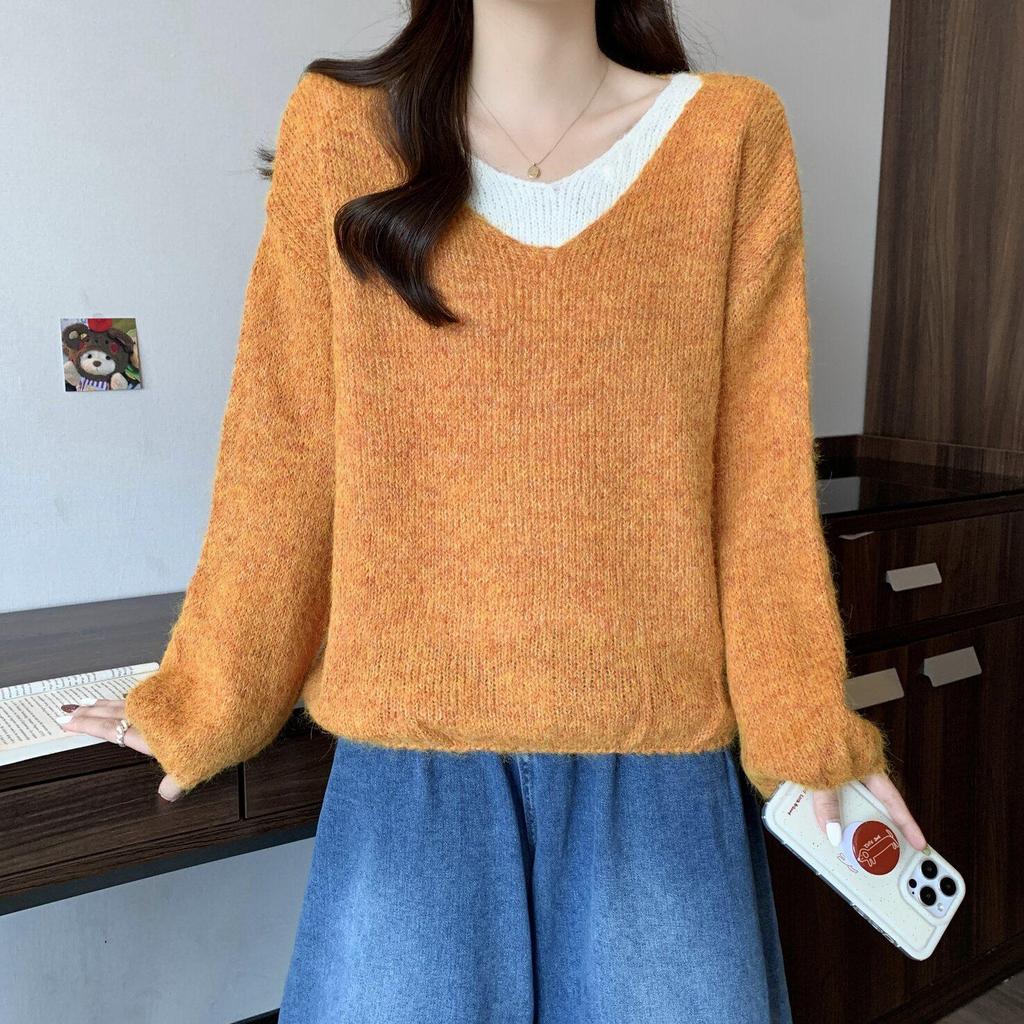 Colorblock pletený svetr - Dámský high-end podzimní/zimní styl, Měkký, Volný a Všestranný