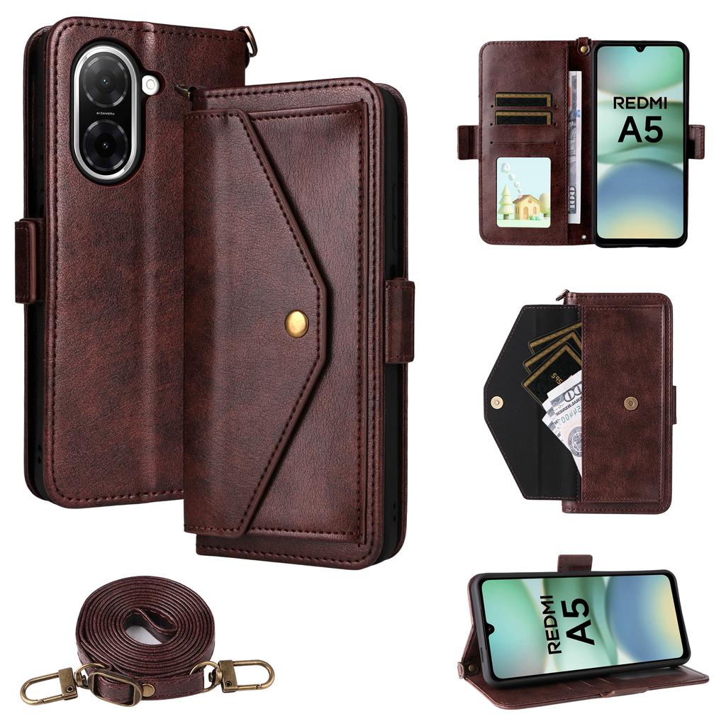 For Xiaomi Redmi A5 NFC (173.45mm) Lærveske Magnetisk lukking Lommebok Stativ Telefondeksel med crossbody-stropp