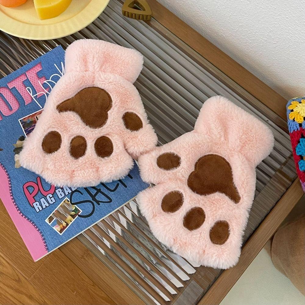 

Solid Color Bear Paw Gloves Half Finger Women Mittens Fashion Plush Cat Claw Gloves Male розовый