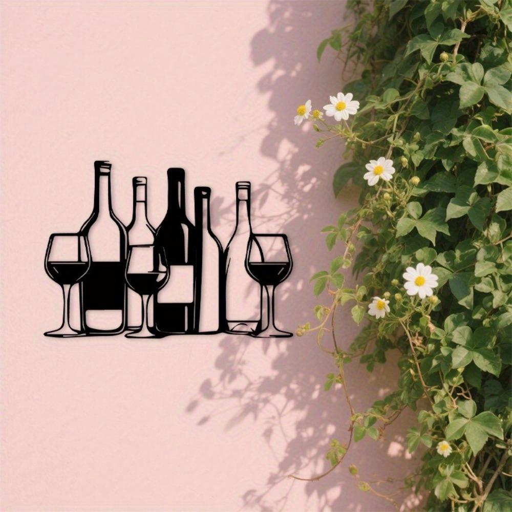 1pc 2D Flat Wine Bottle Glass Metal Wall Art Modern Minimalist Black Outdoor Decor for Bar Kitchen Dining Room