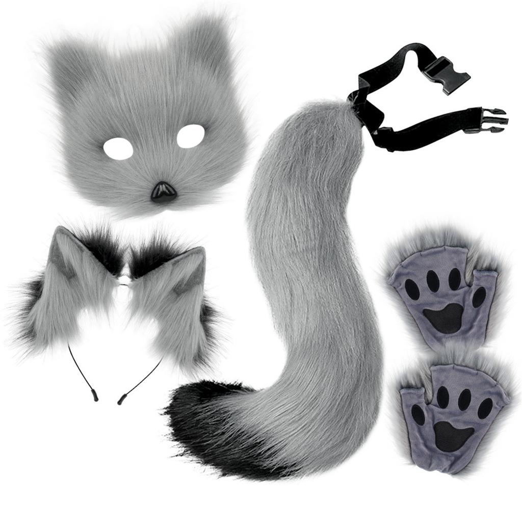 Wolf Foxes Costume with Plush Animal Face Mask, Headband, Plush Glove Animal Tail Costume for Children Adult Halloween