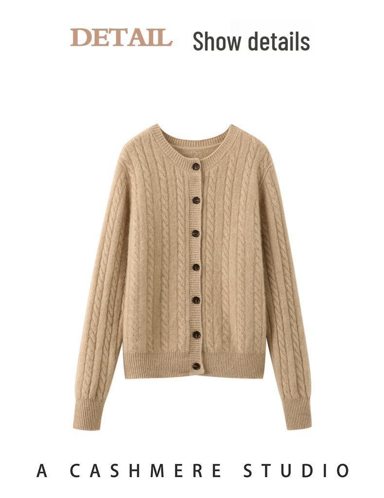 Women's Slimming Cable Knit Cashmere Cardigan - Long Sleeve, Warm, Round Neck, Single-Breasted