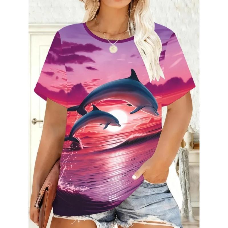 Summer Ladies 3D Dolphin Print Crew Neck T-Shirt