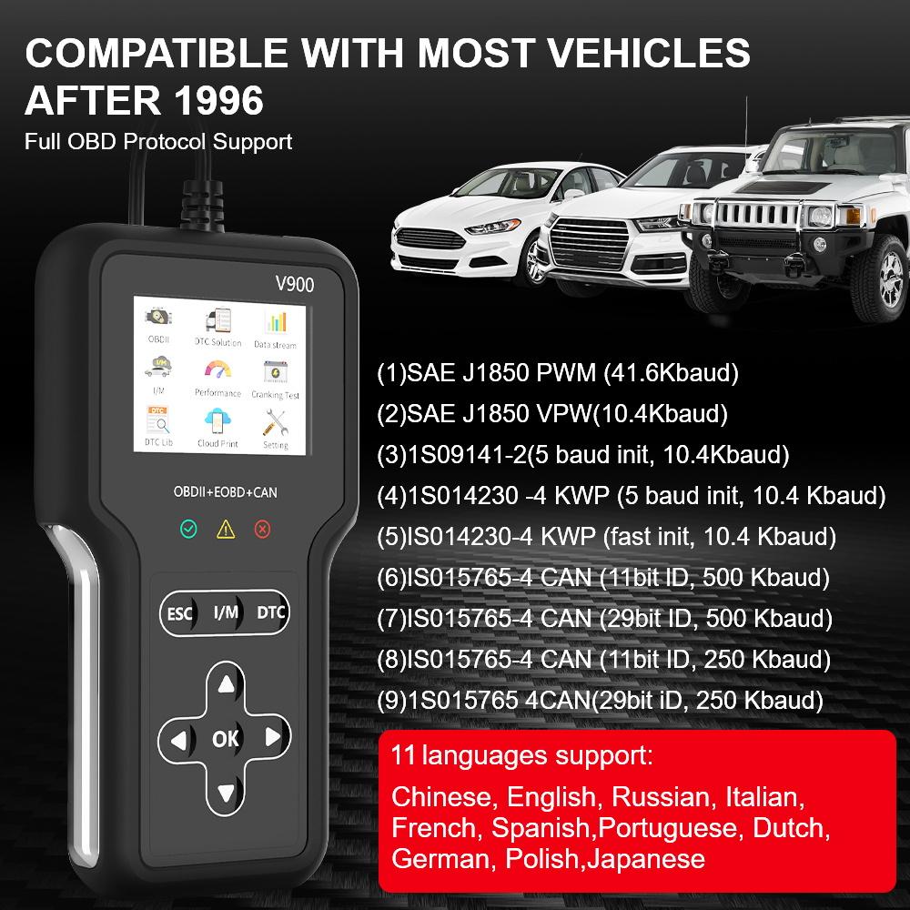 Motorprüfsystem V900 Autodiagnosewerkzeug Auto OBD2 Code-Leser Code löschen/entfernen OBD II EOBD Scanner Batterietester Fehlercode löschen