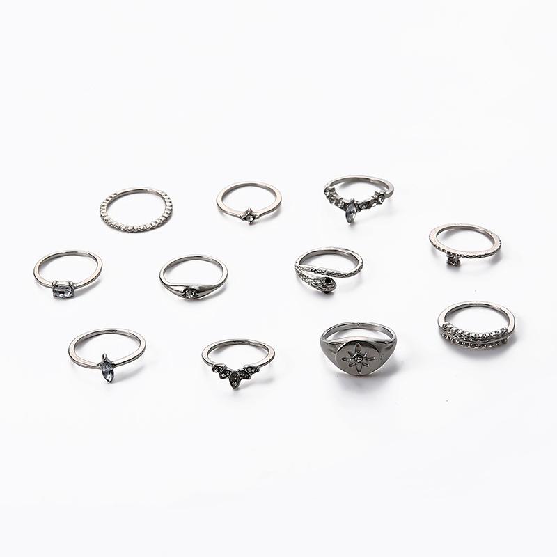 Bohemian Creative Drip Complex Personality Trend Black Eye Snake Star Pearl 11 Piece Set Ring