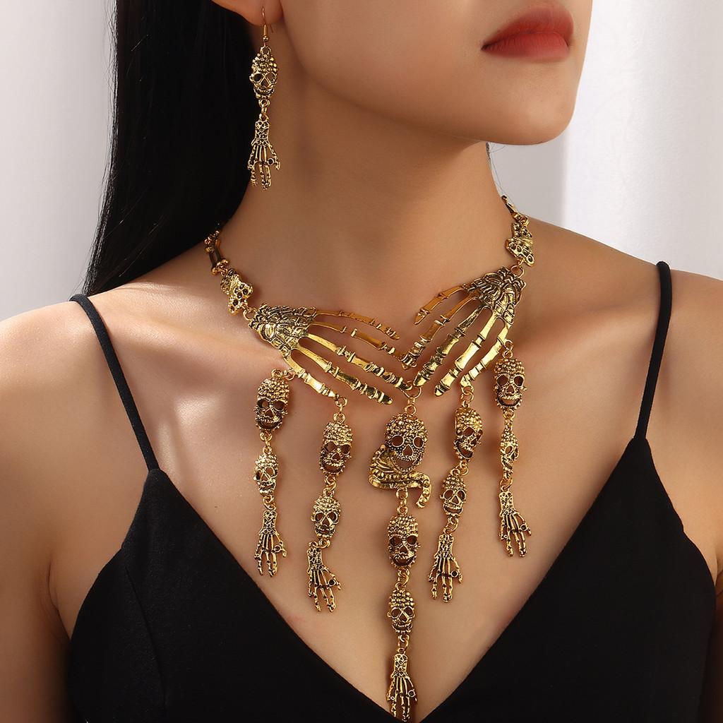 Vintage Skull Gothic Jewelry Set With Alloy Chain And Tassel For Cosplay And Events Costume