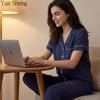 Women Pajama Set Cotton Summer Button‑Up Short Sleeve Long Pants Lapel Pocket Loungewear For Home Sleepwear