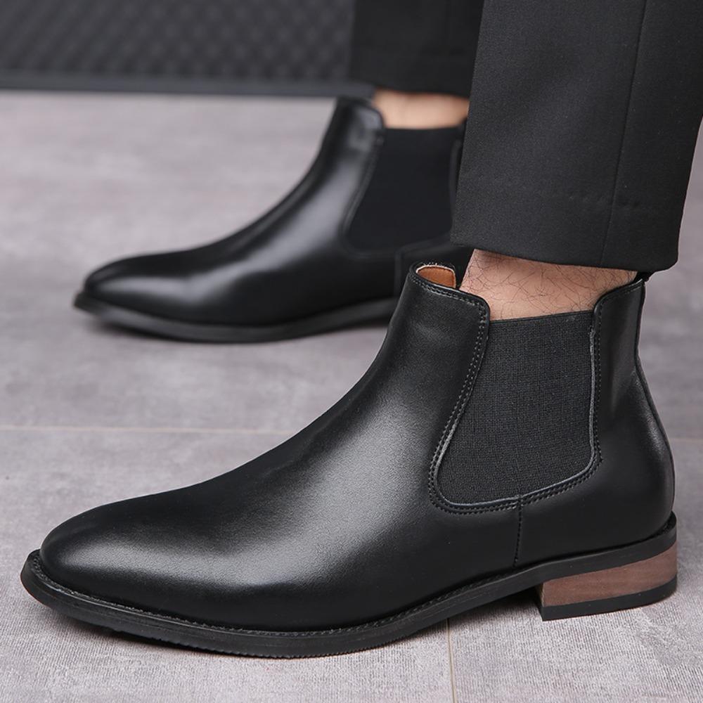 Men's Ankle Boots Black Chelsea Boots Men's High Top Leather Shoes Simple Casual Business Dress Round Head Leather Boots Man