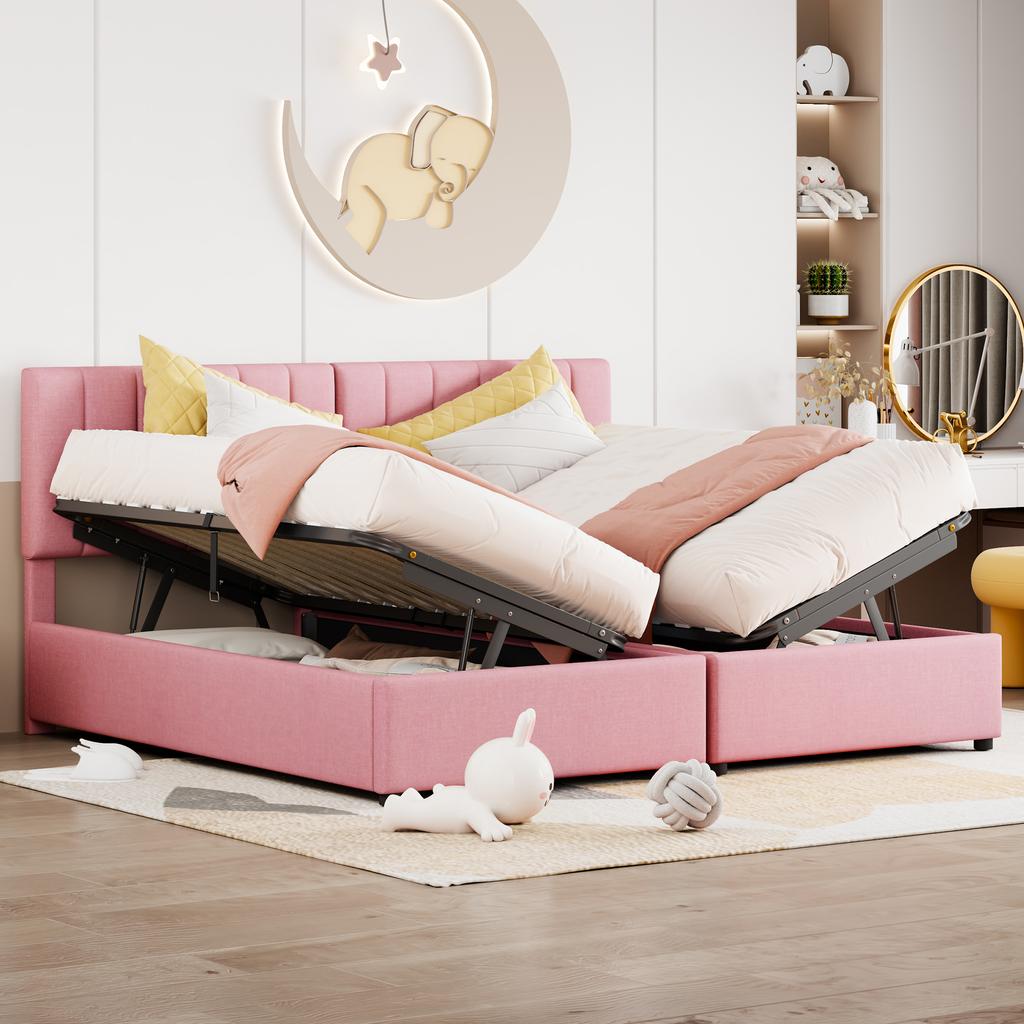 Upholstered Bed 180x200 cm, Hydraulic Storage Bed, Skin-Friendly Linen High Box Bed, Multifunctional Double Bed, Pink