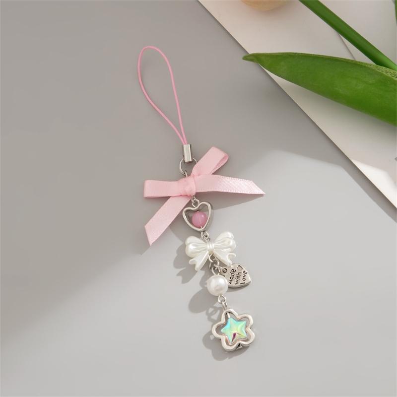 Lovely Strawberry Bowknot Phone Strap Charm Pendant with Star Accents Sturdy Handbag Adornment Craft Supplies for Girls