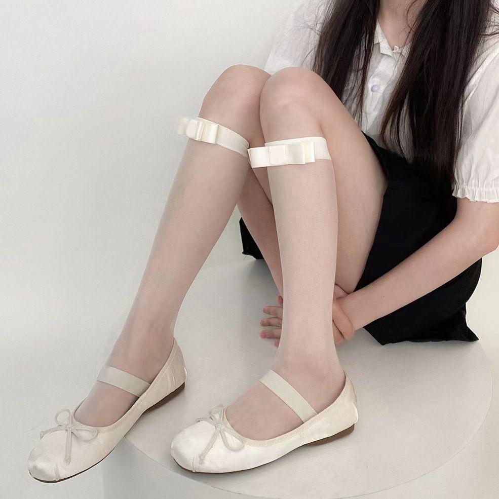 

Lace Calf Socks Women S Summer Stockings Any Cut Medium Tube White Thin White Silk Jk Half Leg Socks Bow Black Silk one size