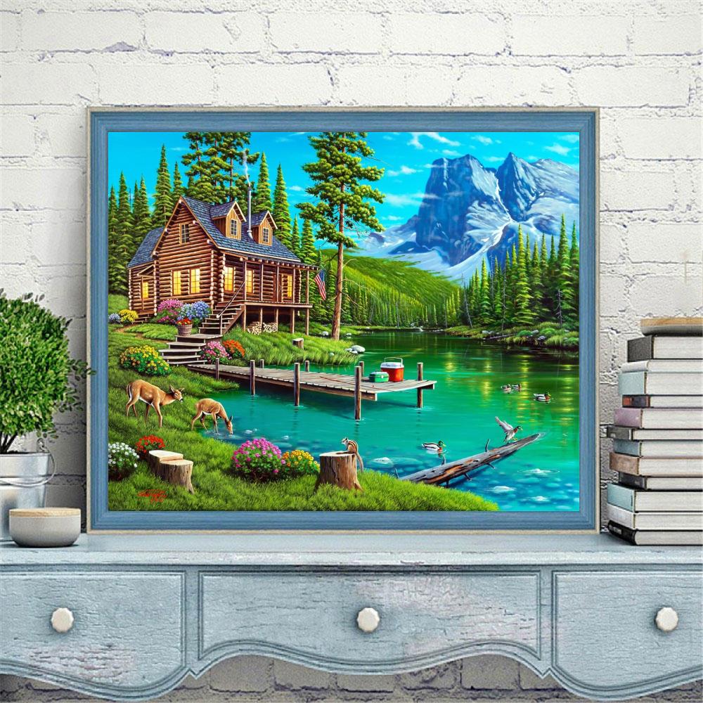 Round Diy Diamond Painting Cross Stitch Craft 5D Handmade Diamond Embroidery Landscape Animals Rhinestone Mosaic Gift Art Home Decoration