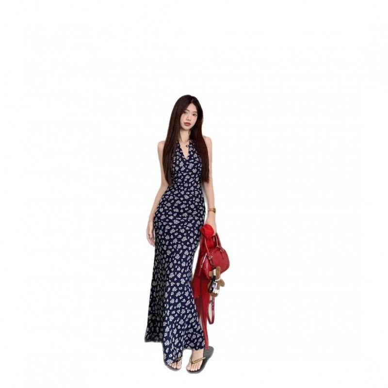 French Retro V-neck Waist Hidden Blue Floral Skirt Hanging Neck Sleeveless Long Dress Women Hollow Back
